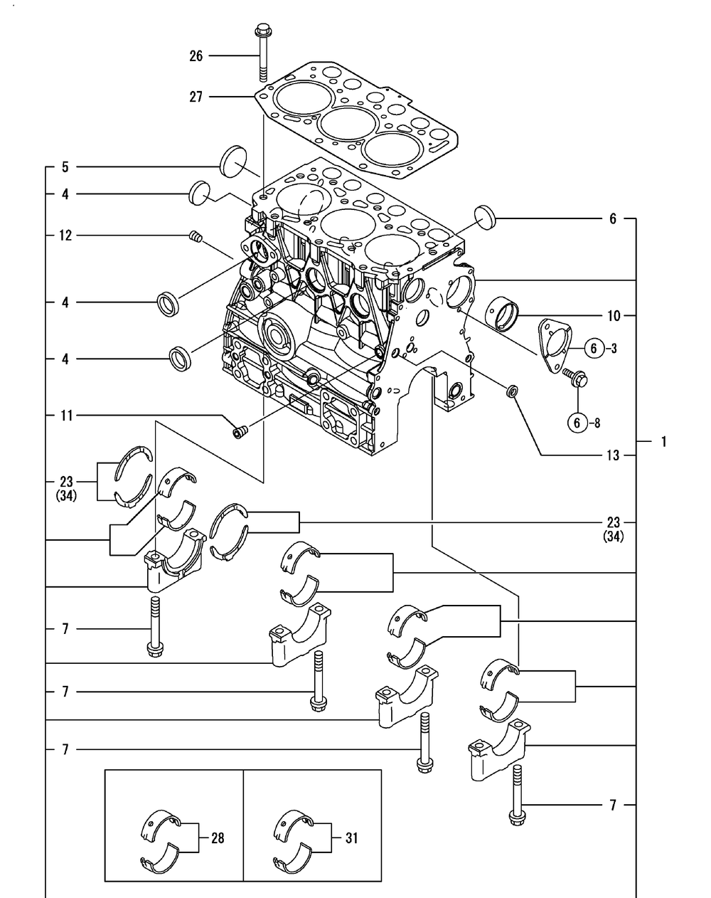 Yanmar Engine Cylinder Block Diagram and Parts List for 46G 4X4-1I029Z-1H020Z-37BKD710 Cub Cadet Lawn Tractor Accessories